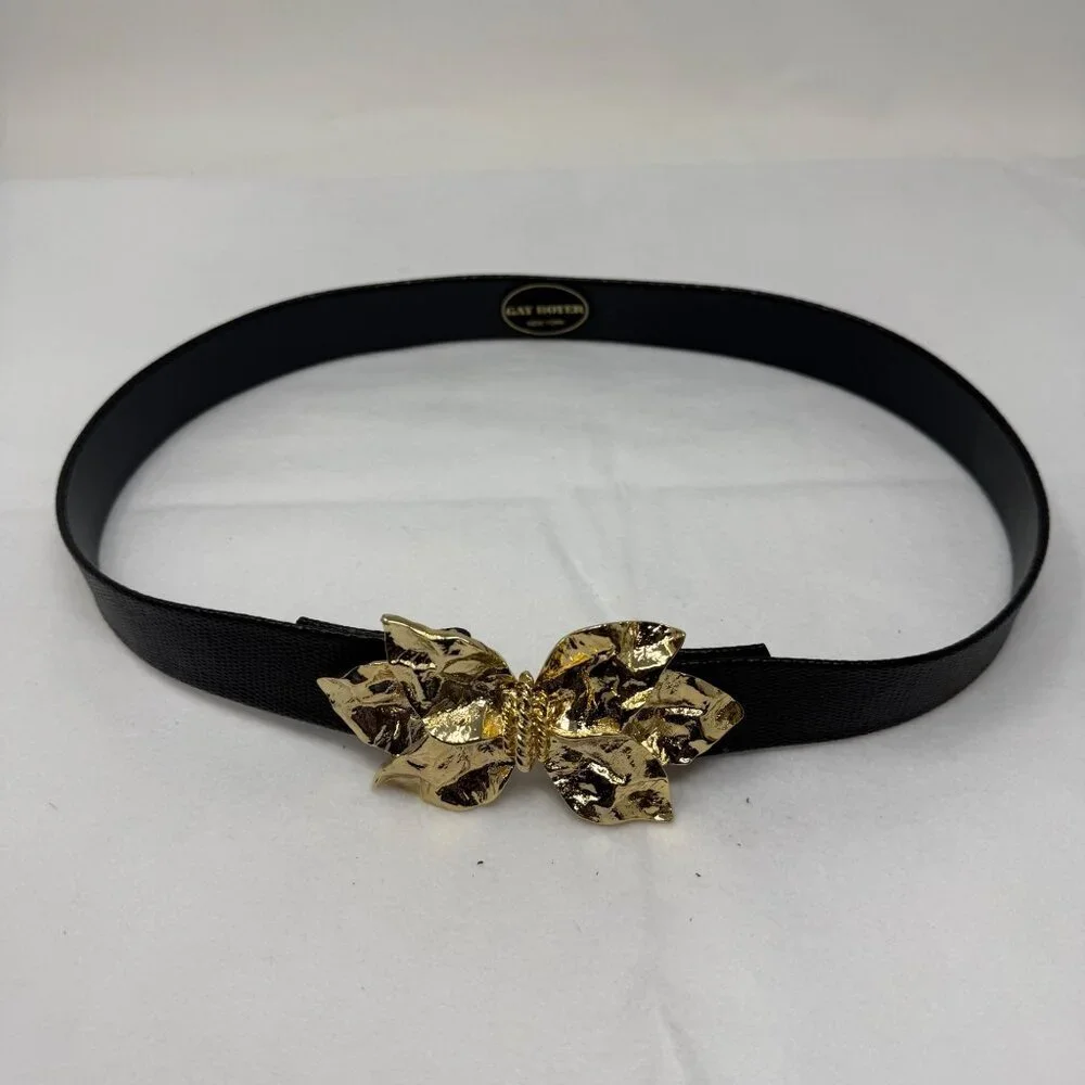 Vintage Gay Boyer Black Belt Gold Leaf Flower Bow Buckle ~29